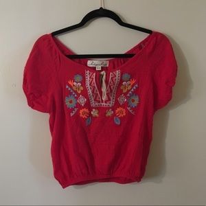 Red Embroidered Peasant Crop Top